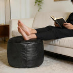 Thgonwid Unstuffed Faux Leather Pouf Cover, Handmade Footstool Ottoman Storage Solution, Floor Footrest Cushion - 16.5" Dx12 H, Pure Black