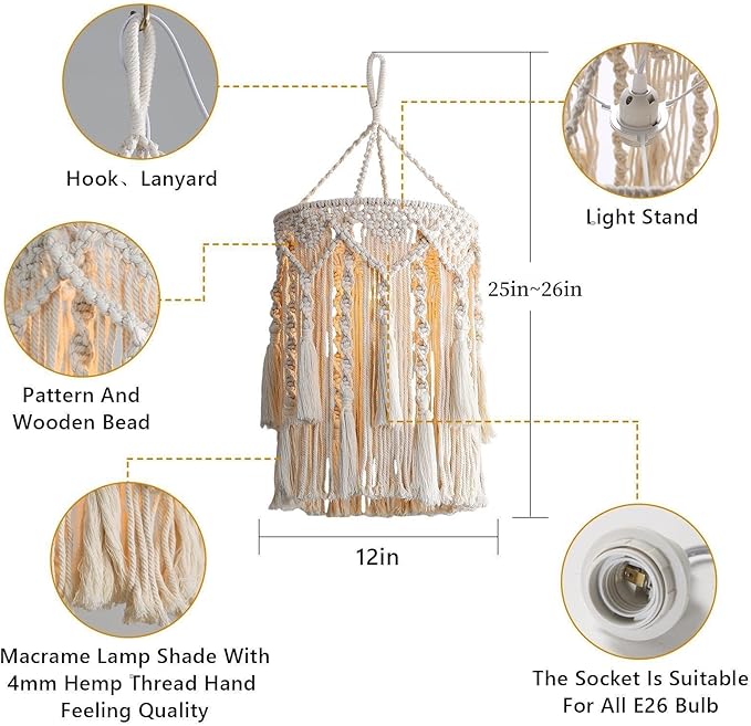 Bioaqua Boho Lamp Shade,Boho Hanging Lamp Handmade Macrame Lamp Shade Plug in Pendant Light,Bohemian Hanging Lights with Plug in Cord Light Fixtures for Boho Bedroom Decor Living Room (Type 3)