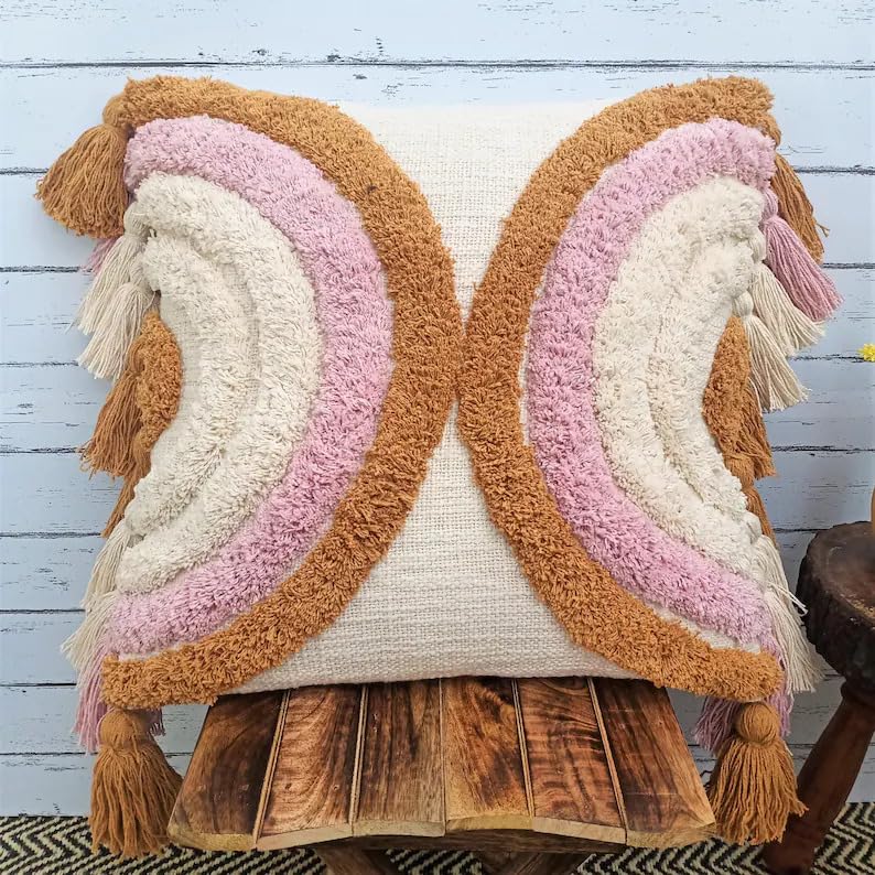 Tufted Cushion Cover with Pink, Terracotta & Cream Rainbows and Tassels，20x20 inches