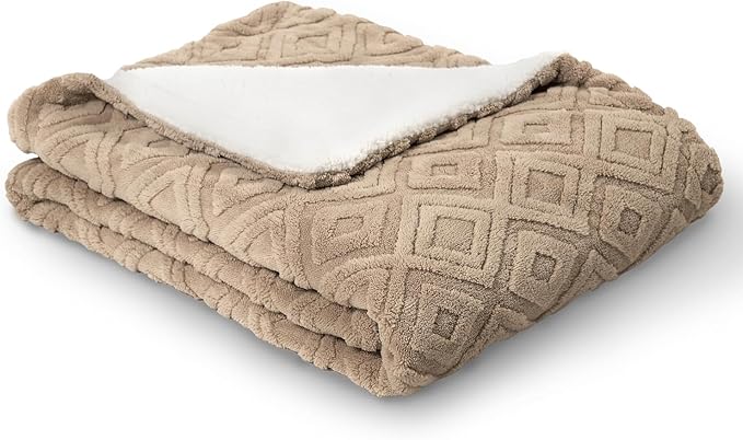EverGrace Jacquard Boho Sherpa Fleece Throw Blanket for Couch, Super Soft Cozy Fuzzy Plush Blankets for Winter, Reversible Thick Warm Blanket for Bed, Sofa, Living Room, Khaki Tan, 50" x 60"