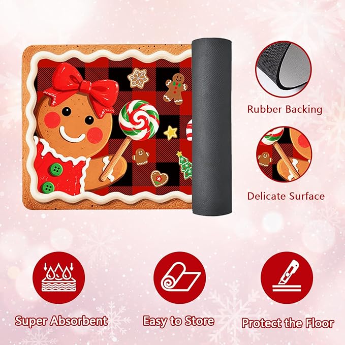 Christmas Rugs for Kitchen Floor, Gingerbread Man Mats for Kitchen Floor Non Slip, 2PCS Rubber Kitchen Mat, Washable Cushioned Runner Carpet Rug for Sink Laundry 15.7"×27.5" +15.7"×47" Red 3.5mm