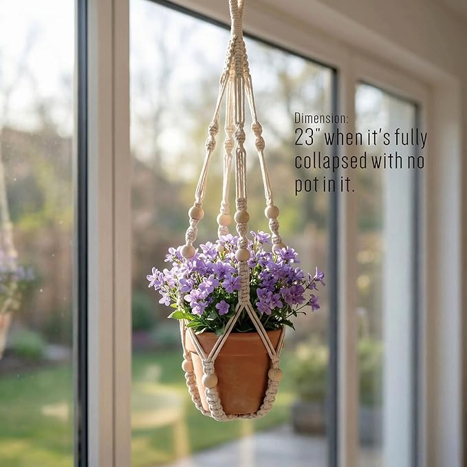 Macrame Plant Hanger Indoor, 23" No Tassel Hanging Plant Holder, Sturdy Flower Pot Holder with 2 Hooks - Ivory (Pot NOT Included)