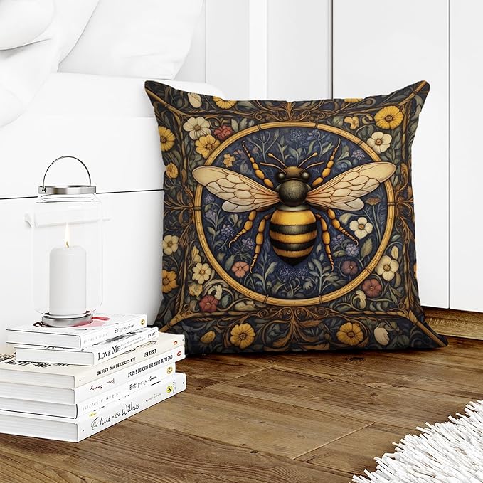 YOU FOUND ME William Morris Abstract Vintage Floral Bee Design Velvet Throw Pillow Covers Home Decor, Retro Art Decor Pillowcase Cushion Cover for Bed Sofa Living Room, Square 18x18inch (Bee)
