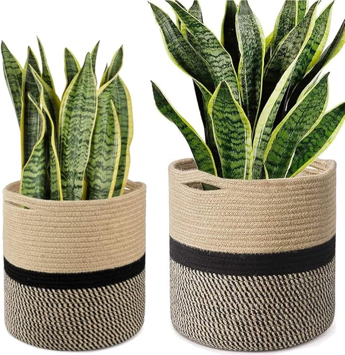 Woven Cotton Rope Plant Basket for Flower Pot Indoor Planters, 10" x 10" Jute Foldable Storage Basket Organizer Modern Decor Household Laundry Basket