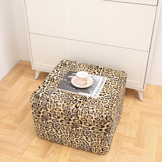 20x20x14 Inches Fluffy Square Pouf Ottoman - Plush Furry Boneless Ottoman Foot Rest Stool with High-Density Foam, Versatile Floor Seating for Living Room (Leopard Print)