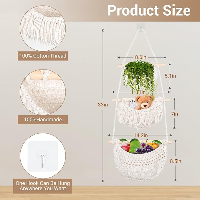 Hanging Fruit Baskets for Kitchen,3 Tier Handmade Woven Cotton Rope Wall Basket for Organizing & Decorating,Boho Room Decor,Storage for Home,Living&Bathroom Bedroom Diningroom (White)