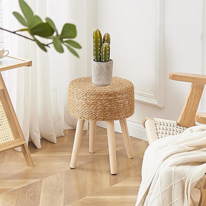 Cpintltr Round Ottoman Footstool Foot Stool Pouf Ottomans with Solid Wood Legs Hand Weave Hyacinth Footrest Step Stool for Living Room Balcony Garden Natural Seagrass