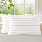 decorUhome Summer Cozy Faux Fur Throw Pillow Covers 12x20 Set of 2 Decorative Soft Plush Striped Lumbar Modern Farmhouse Boho Couch Pillow Cases with Velvet Back for Sofa Bed Living Room, White