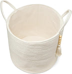 Mkono Woven Storage Basket Decorative Natural Rope Basket Wooden Bead Decoration for Blankets,Toys,Clothes,Shoes,Plant Organizer Bin with Handles Living Room Home Decor, White, 16" W × 13.8"L