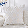 PANOD Super Soft Farmhouse Decorative Plush Throw Pillow Covers 24 x 24 White,Solid Diamond Pattern Tufted with Tassels Modern Accent Boho Square Cushion Cover Pillow Case for Couch Sofa
