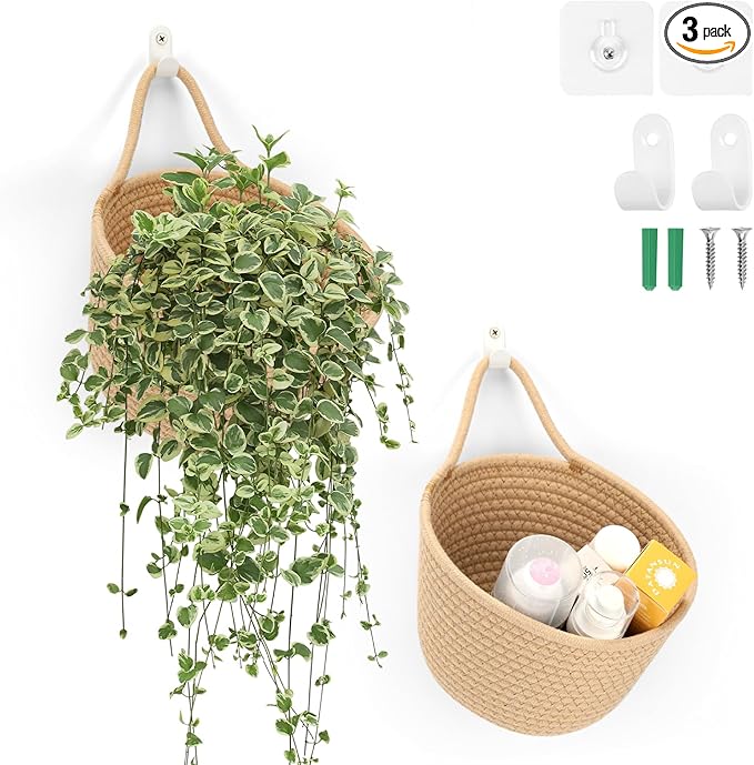 Boho Woven Wall Hanging Baskets - 2 Pack Fabric Storage Organizers with Adhesive Hooks, Rustic Jute Basket Set for Plants & Vegetables, Perfect for Living Room, Porch & Entryway Decor
