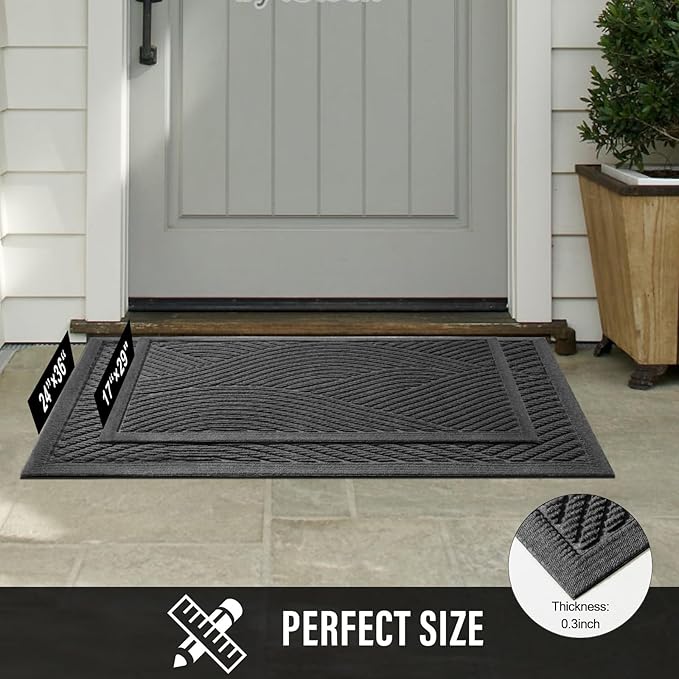 Sturdy Front Door Mat, Absorbent Muddy Dirt Resist Welcome Door Mats Outdoor Indoor, Stain and Fade Resistant, Non-Slip Backing Entry Mat Low Profile Doormat for Entryway, 36×24, Grey