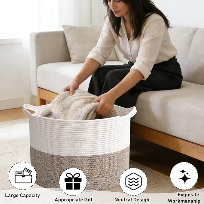 90L Large Blanket Basket,21.7"L x 21.7"W x 13.8"H Rope Woven Baskets with Handles, Toys Storage Bins,Laundry Basket Perfect for Living Room, Nursery,Bedroom,Home Organization,White&Brown