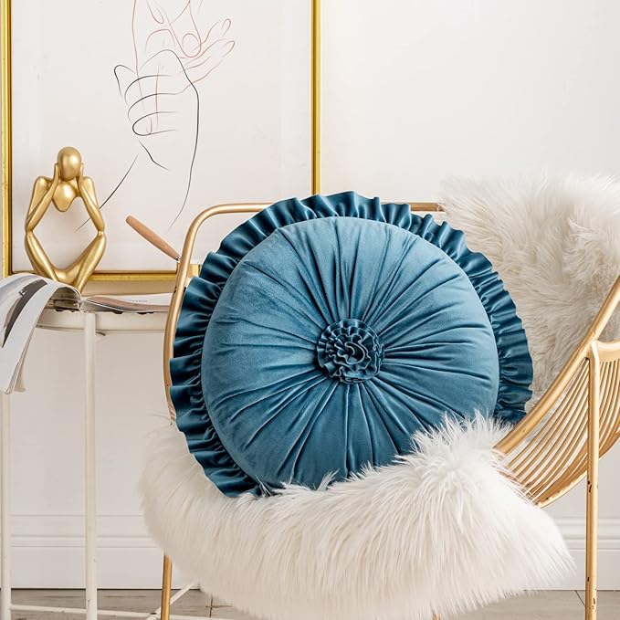 S SSOY Velvet Round Pillow - Ruffle Home Decoration Cushion for Sofa, Chair, Bed, Window, Floor, 13.7in