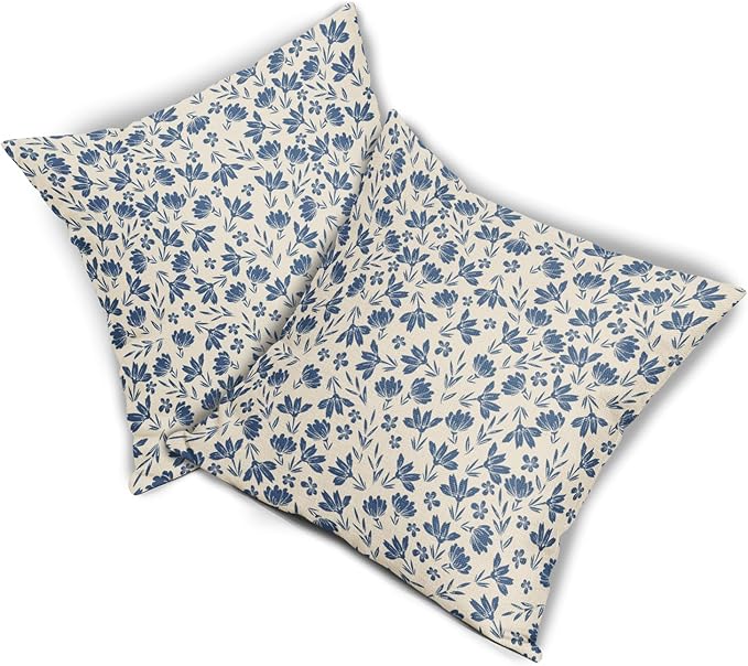 Blue Floral Pillow Covers 24x24 Set of 2 Vintage Rustic Old Style Cute Small Flower Cream Print Decorative Outdoor Pillowcases Farmhouse Throw Cushion Case Decor for Couch Sofa Bed
