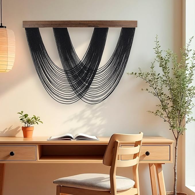 EOBTAIN Large Macrame Wall Hanging Black Yarn Tassel Woven Tapestry with Wood Board,Handmade Boho Wall Decor for Bedroom Apartment Balcony Living Room Decorations,31.5x24.4 Inch