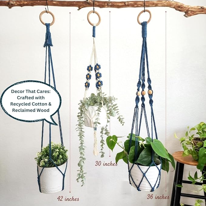 Set of 3 Macrame plant hangers with Daisies & Beads Hanging plant holder Macrame Plant hangers outdoor and indoor hanging planters Plant stand indoor Boho Decor hanging planter stand (Peacock Blue)