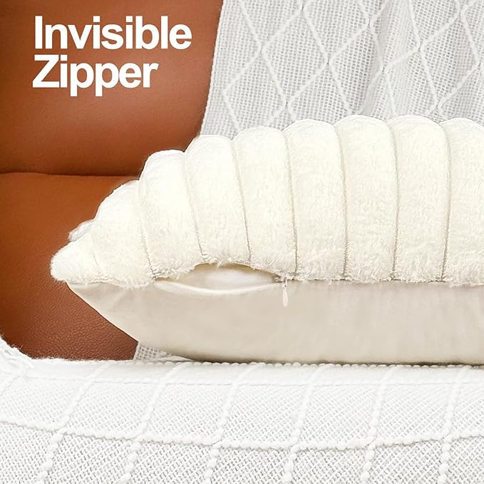 24x24 Pillow Covers, Decorative Faux Fur Throw Pillow Covers for Couch, Sofa Soft Fluffy Pillow Cover with Velvet Back for Living Room, Neutral Home Décor Accent for Bed - Cream White