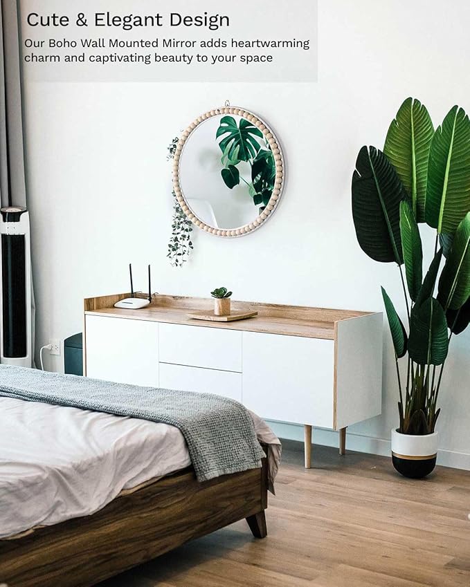 Poeme Boho Wall Mounted Circle Mirror, Wooden Round Wall Decor for Bathroom Living Room Bedroom, Decorative Hanging Farmhouse Nursery Furniture (17 Inch)