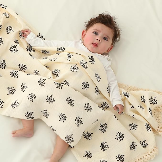 insular Cotton Muslin Baby Blanket with Tassel, Boho Bohemian Muslin Swaddle Blanket Baby Receiving Blanket with Fringe, Nursery Decor Throw or Nursing Blankets, 47" x40”, Black Leaf