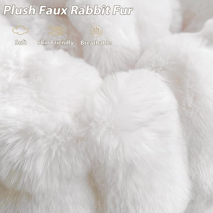 LIFEREVO Luxury Faux Rabbit Fur Round Inflatable Pouf Ottoman, 20 X 16 Fluffy Plush Waffle Bubble Floor Poufs Foot Stool Rest Anti-Slip Furry Foldable Ottoman Seat for Home Decor Kids Adults, White