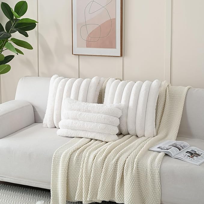 FUTEI Cream White Decorative Throw Pillow Covers 12x20 Inch Set of 2, Square Soft Faux Rabbit Fur Thick Striped Lumbar Pillow Case,Spring Home Decor for Couch Bed Living Room