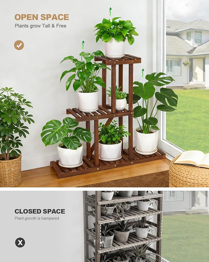 3 Tiered Narrow Wooden Indoor Plant Stand Shelf for Multiple Plants ,Flower Stand Shelf Outdoor ,Floor Standing Plant Holder Rack for Living Room Patio Porch Garden Apartment Office,Rustic,Space Saver