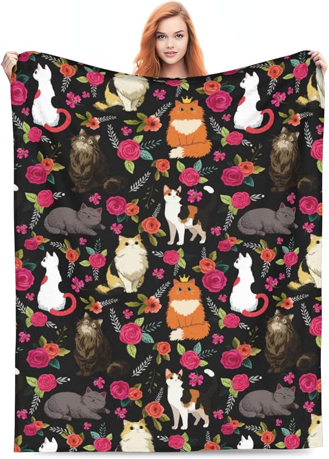 Cat Flower Throw Blanket Soft Flannel Blanket 60"x50" in Bed Blanket Home Decor for Room Sofa Couch All Season