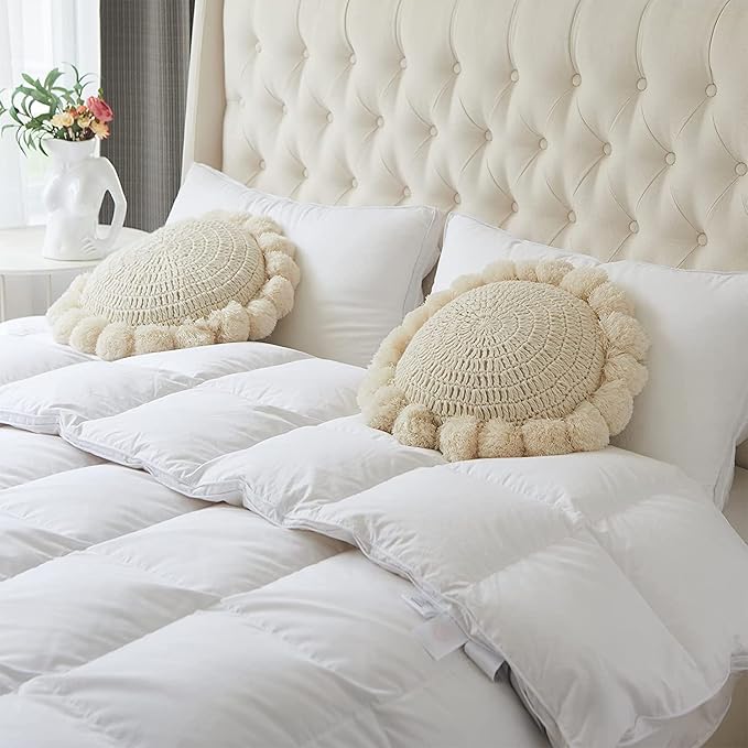 Boho Round Throw Pillow with Cute Handmade Pom Poms Tassels 18 Inch, Decorative Circular Knitted Crochet Cushion for Couch, Sofa, Chair, Bed, Beige