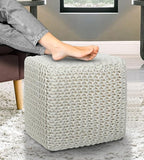 COTTON CRAFT Braided Cube Pouf - Hand Knitted Cotton Cord Cable Dori Ottoman - Foot Stool - Floor Pouf - Footrest - Portable Lightweight Accent Seat - Living Room Bedroom Dorm - 15 x 15 Square - Ivory