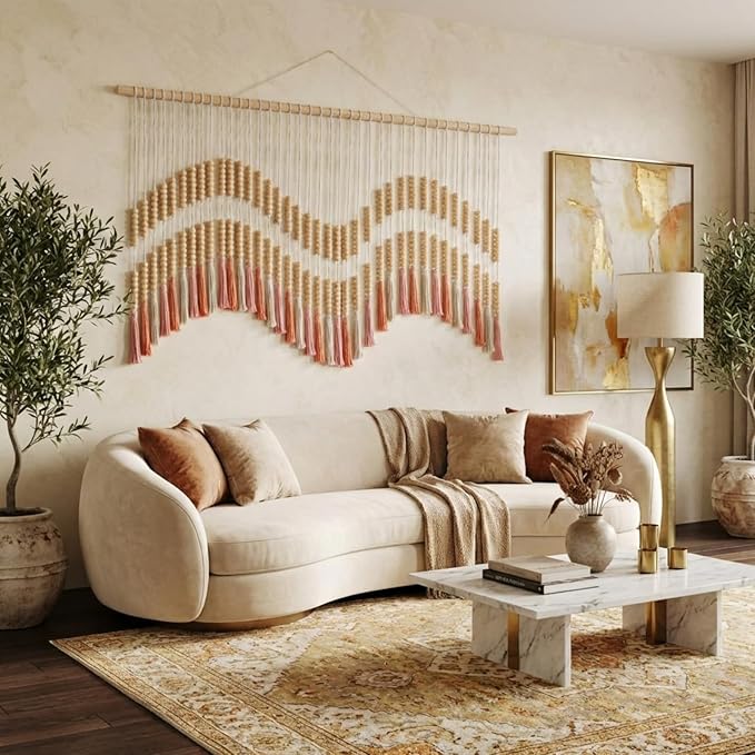 Tiamon Boho Wall Decor - 59'' W x 42'' L Macrame Wall Hanging Beaded Large Tapestry Art for Home Bathroom Farmhouse Bedroom Living Room Office Natural Modern Rustic Decoration