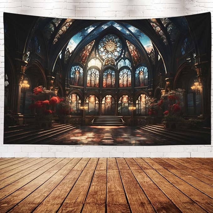 EMMTEEY Gothic Cathedral Art Tapestry 60X40 Inch - Vintage Interior Wall Art for Living Room Medieval Fantasy Backdrop for Bedroom Dorm