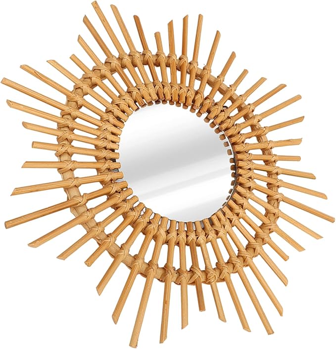Tissting Natural Rattan Hanging Mirror,13.8 x 4.7in Boho Wall Mounted Mirror Star Shape Bohemian Hanging Glass Makeup Mirror Rustic Art Decoration Handwoven Mirror for Bedroom Living Room Hallway