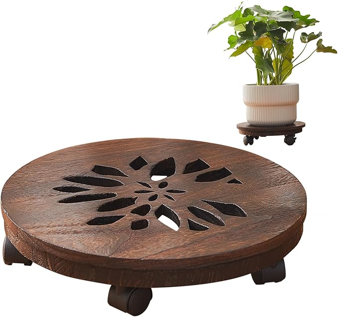 Wood Plant Stand Indoor,Plant Caddy with Lockable Wheels,Pot Stand,Rolling Plant Stand with Casters，Plant Dolly with Wheels ,Low Heavy Duty Plant Base with Wheels