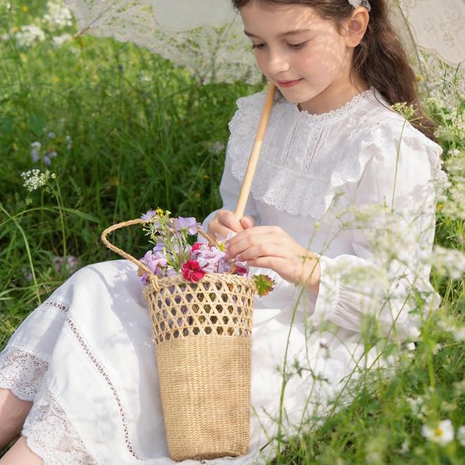 GYASVWU Straw Woven Hanging Basket, Rustic Flower Girl Baskets, Front Door Basket for Flowers,Wicker Flower Baskets for Home Decor, Wedding, Garden, Farmhouse, Gift