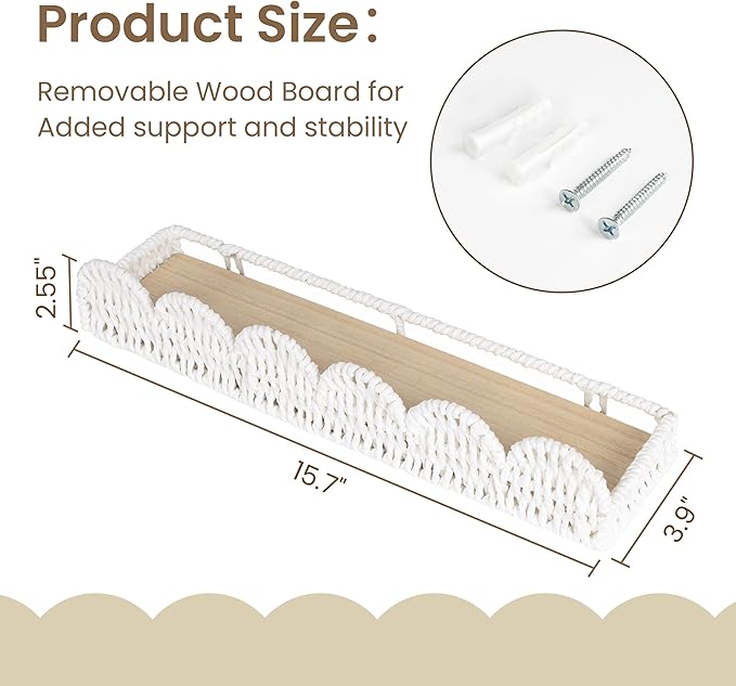 AELS Scalloped Nursery Bookshelf, Set of 4, Picture Ledge Shelf for Wall Decor, Woven Natural Fibre Floating Shelves for Books, Toys, Photo Frames, Nursery, Boho Modern Farmhouse Book Shelf, White