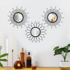 3 Pack Metal Mirrors for Wall Sunburst Wall Mirrors Home Décor Decorative Hanging Wall Art for Living Room Bedroom Entryway (Black Crystal, Flower+Sunburst)