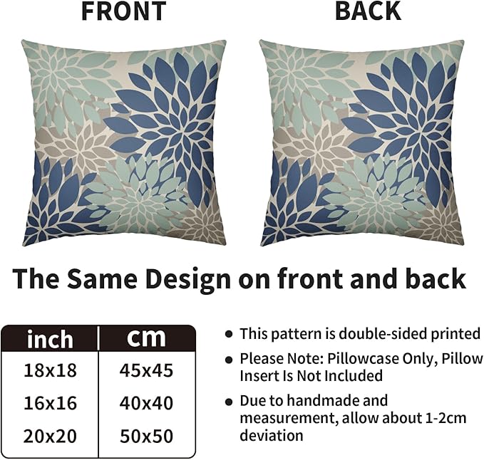 Blue Aqua Tan Pillow Covers 20X20 Inch Set of 2, Spring Summer Floral Dahlia Flower Cream Decorative Throw Pillow Covers Outdoor Modern Farmhouse Cushion Case for Home Couch Sofa Bed Decor