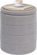 PINPLUS Round Storage Ottoman Foot Rest Stool with Tray Velvet Sherpa Folding Storage Ottoman,Boucle Foot Rest for Living Room, Bedroom, Dorm（Grey）
