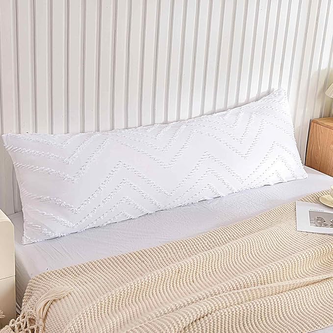 Nanko Body Pillow Case Cover 1 Pack 20x54 with Zipper, White Tufted Jacquard Boho Soft Shabby Chic Microfiber Long Decorative Pillow Covers/Pillow Shams, Comfortable Body Pillowcase for Women Men