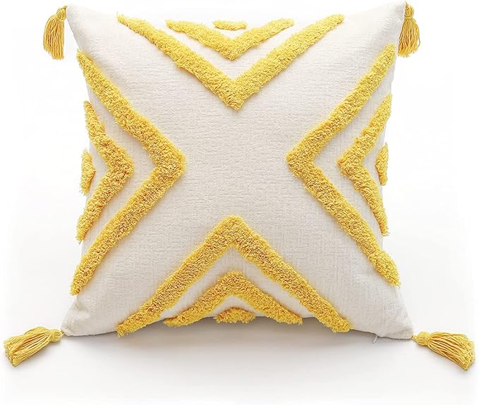 Boho Yellow Throw Pillow Cover 18x18 Inch with Tassels, Geometric Tufted Decorative Cream Chenille Fabric Accent Textured Cushion Case for Bed Couch, 1 PC Cover Only No Insert