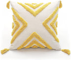 Boho Yellow Throw Pillow Cover 18x18 Inch with Tassels, Geometric Tufted Decorative Cream Chenille Fabric Accent Textured Cushion Case for Bed Couch, 1 PC Cover Only No Insert
