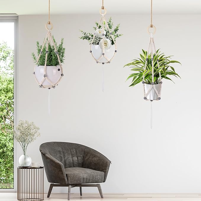 Hotfiary Plant Hanger Indoor Hanging Plant Holder Hang Planter Basket Wood Bead Decorative Flower Pot Holders Boho Farmhouse Rustic Decor Indoor Outdoor (Pot Not Included)