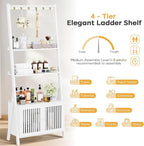 4-Tier Ladder Shelf with Drawers 59.5"H x 24.8"L x 10.6"W, Ladder Bookshelf with 6 Hooks, Tall Narrow Retro Bookcase, Freestanding Storage Shelf for Living Room, Home Office, Bedroom, White