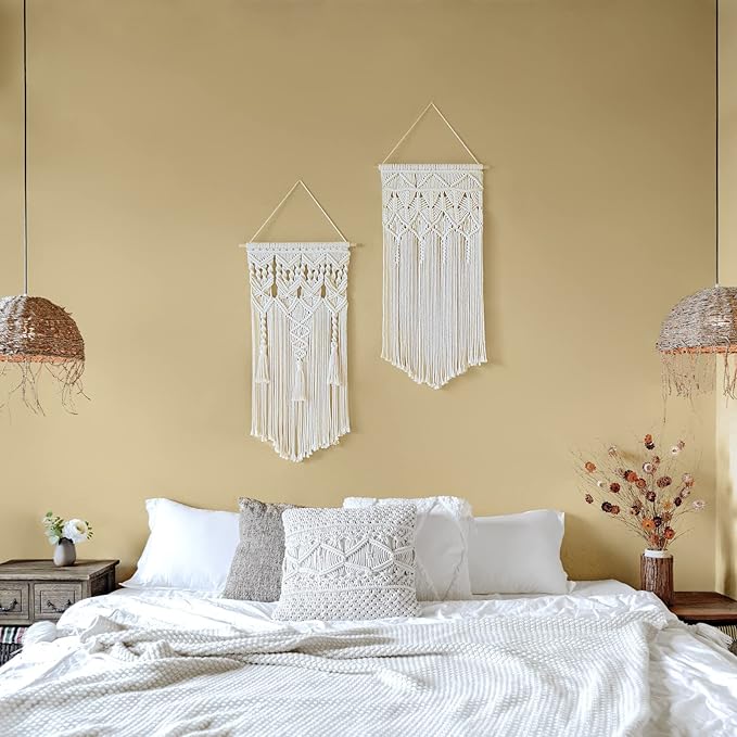 Mkono 2 Pcs Macrame Woven Wall Hanging Boho Chic Geometric Art Decor - Beautiful Bedroom Nursery Apartment Home Decoration, Gift for Girls Adults Birthday Christmas, 32" L x 16.5" W