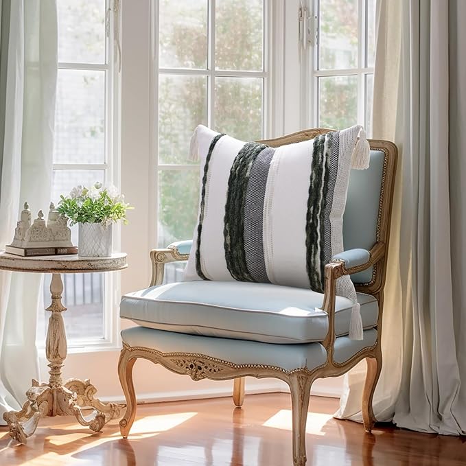 decorUhome Christmas Boho Decorative Throw Pillow Covers 18x18 Set of 2, Striped Chenille Tufted Pillow Covers with Tassels for Couch Bed Sofa, Cream White and Green