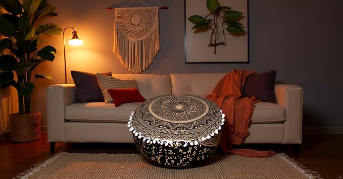 INDIAN CRAFT CASTLE ICC Black Gold Mandala Mandala Barmeri Large Floor Pillow Cover Cushion Meditation Seating Ottoman Throw Cover Hippie Decorative Zipped Bohemian Pouf Ottoman Cases 16" Round