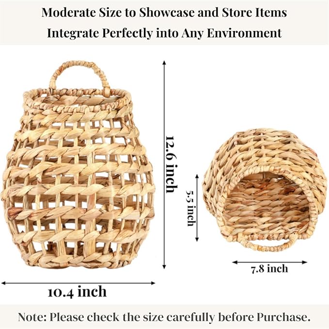 Front Door Basket, Wall Mounted Woven Water Hyacinth Hanging Basket, Large Boho Decor Flower Storage Plants Organizer for Home, Garden, Farmhouse