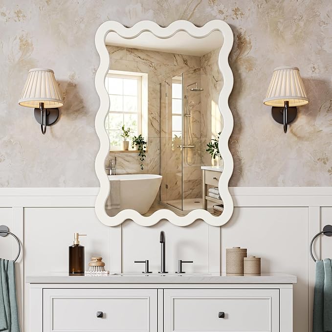 24"x36" White Wavy Wall Mirror for Bedroom Vanity, Large Cream Solid Wood Asymmetrical Mirror, Cute Squiggle Mirror for Room Decor, Aesthetic Funky Curvy Frame