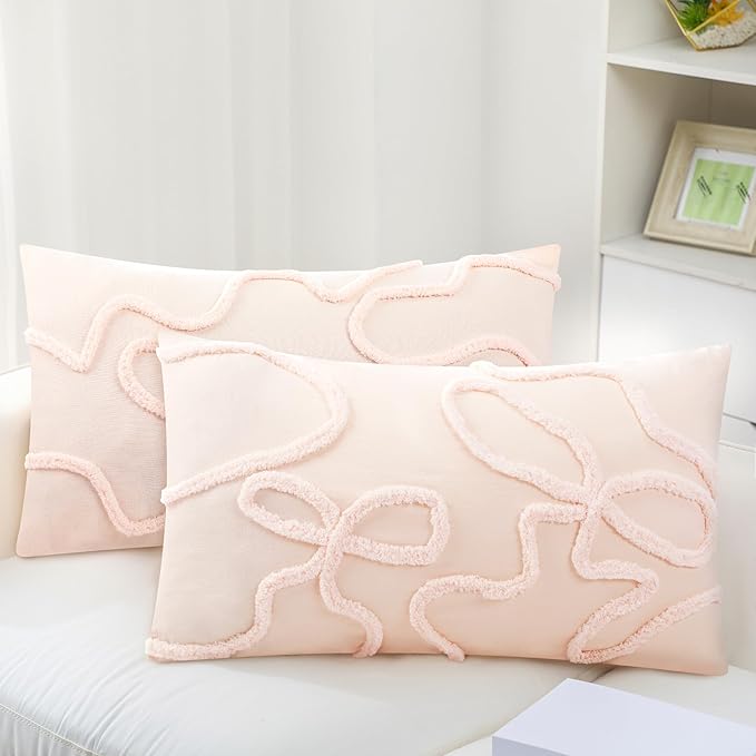 Mixweer 2 Pcs 20" x 30'' Thin Pink Coquette Bow Tufted Throw Pillow Cover 100% Cotton Bow Cushion Cases with Envelope Closure, Queen Size Pillowcase for Bed, Outdoor Couch Bedroom Car